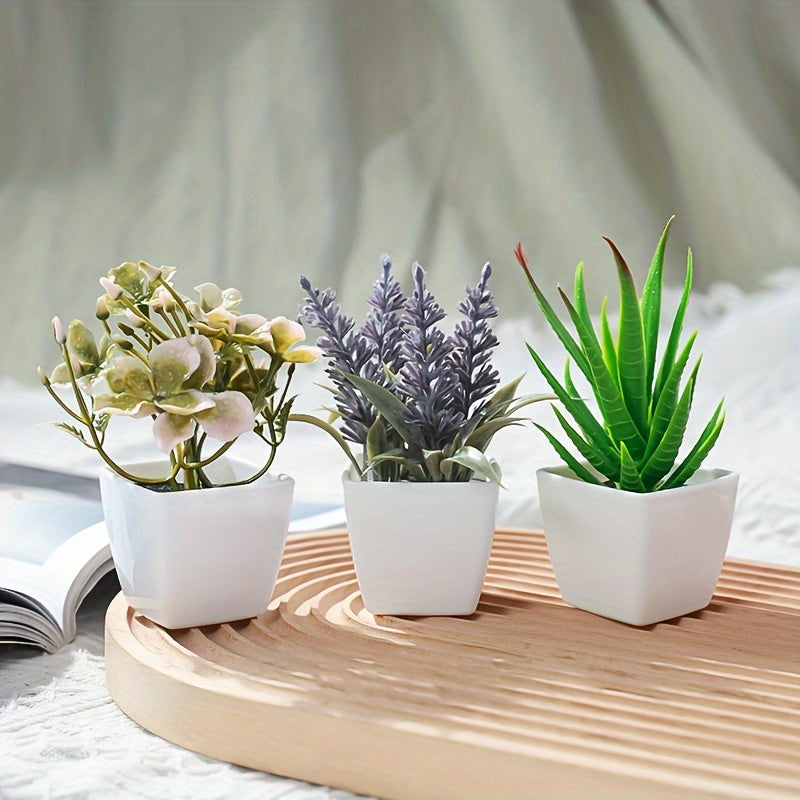 1 set of 6 simulated plants in a Nordic style for indoor decoration. Includes ball, aloe vera, begonia, lavender, artificial succulent bonsai. Perfect for office desktop ornament.