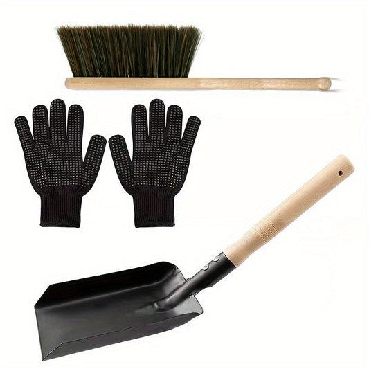 1 set of fireplace cleaning tools includes 4 pieces, such as a shovel, natural wood stove brush, black silicone gloves, and a sturdy fireplace ash shovel. These tools are durable and simple to use.