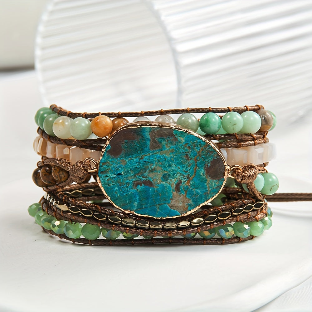 Wrap yourself in Bohemian vacation vibes with this natural stone wrap bracelet. Featuring multiple layers of beaded woven cord, this accessory is perfect for summer days and special gift occasions. Embrace the Thanksgiving holiday theme with this piece