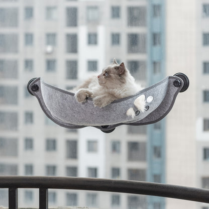 Crescent-shaped suction cup cat hammock for small and medium cats to sleep in sunlight.