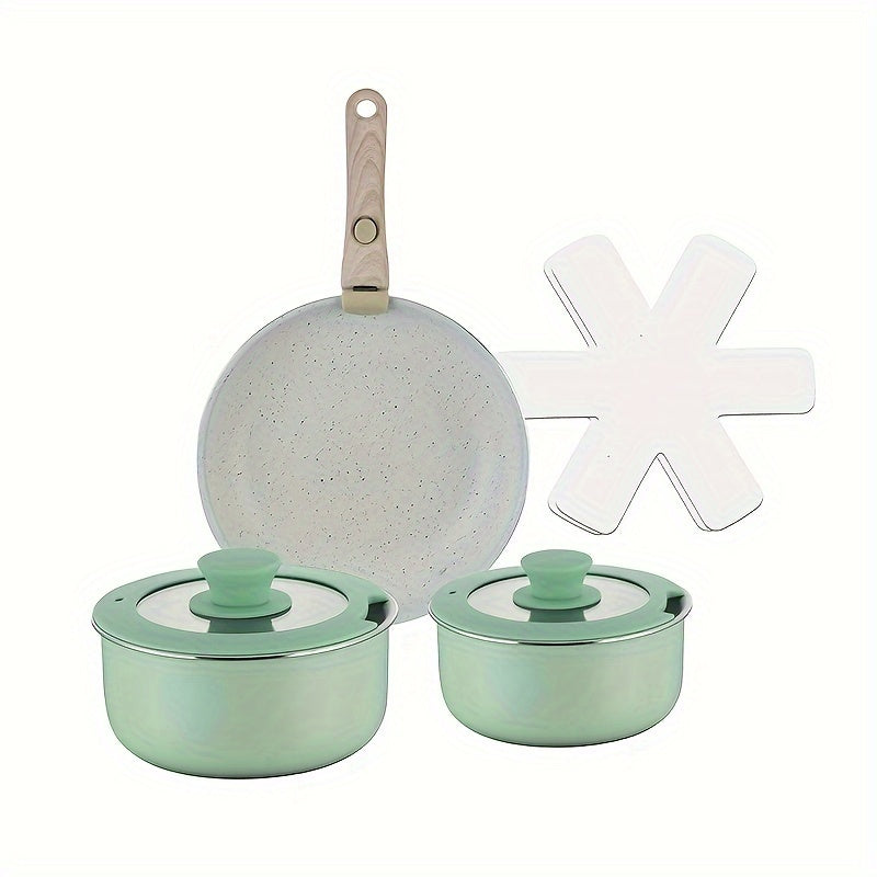 Cookware Set made from Aluminum, with Nonstick coating and Removable Handle. Set includes: 1.5Qt Saucepan with Lid, Large 18cm Milk Pot with Silicone Lid, and 24cm Skillet. Perfect for Outdoor Camping Kitchen. Comes with Non-Woven Pad and Silicone