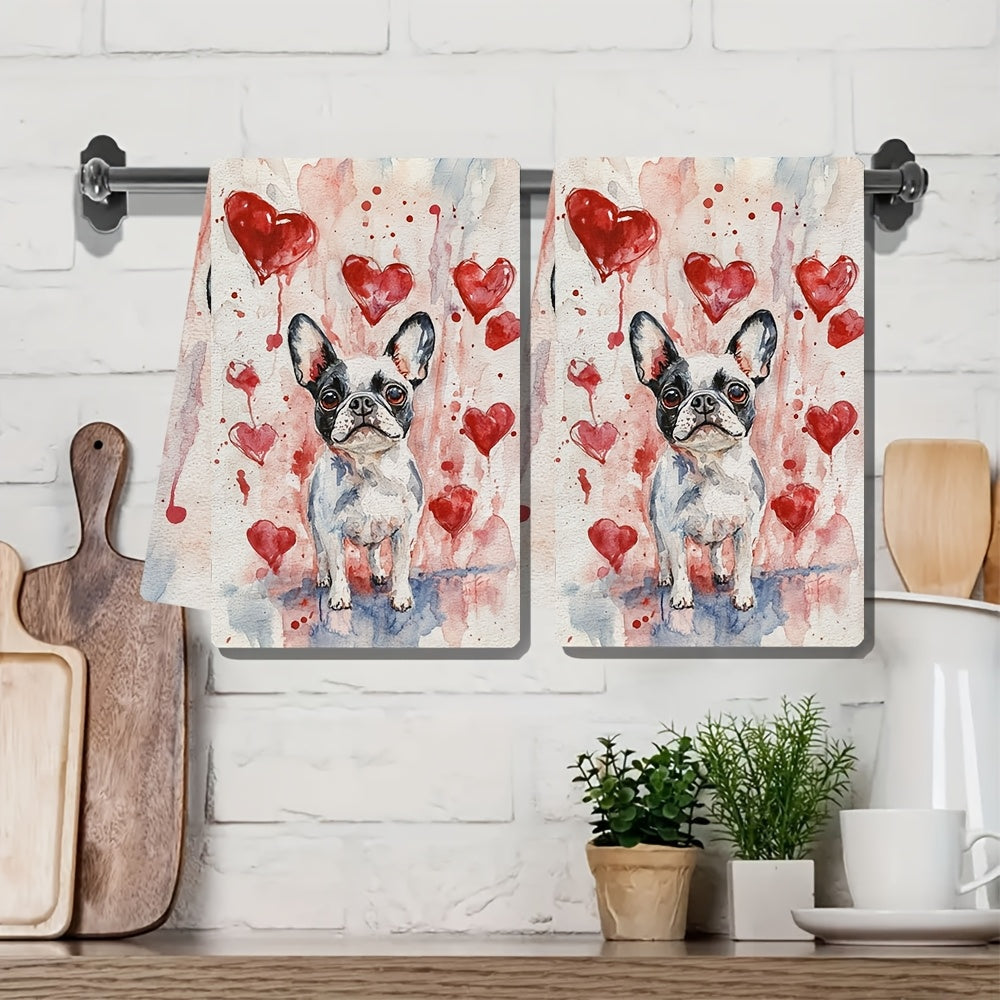 Two pieces of ultra soft kitchen towels featuring an adorable French Bulldog and heart design. These towels are highly absorbent and quick-drying, making them perfect for Valentine's Day decor. They are machine washable and measure 40.64x60.96 cm.