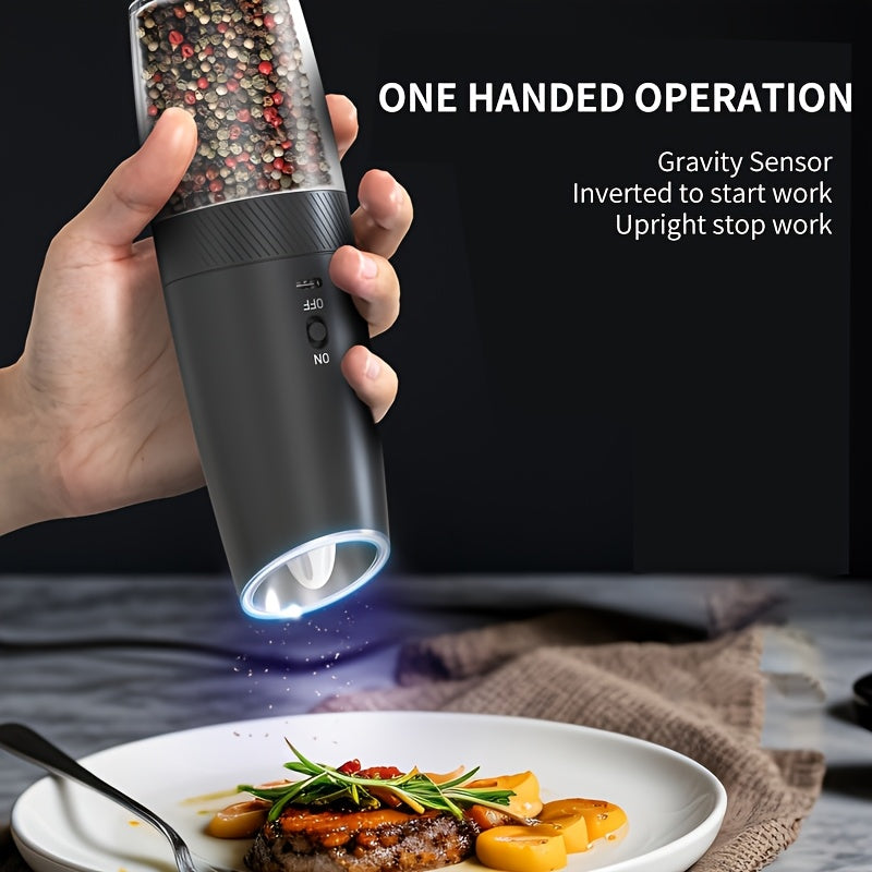 1/2pcs Gravity Sensing Electric Pepper Grinder with LED Light. Rechargeable, fully automatic with large filling chamber. Essential tool for seasoning.