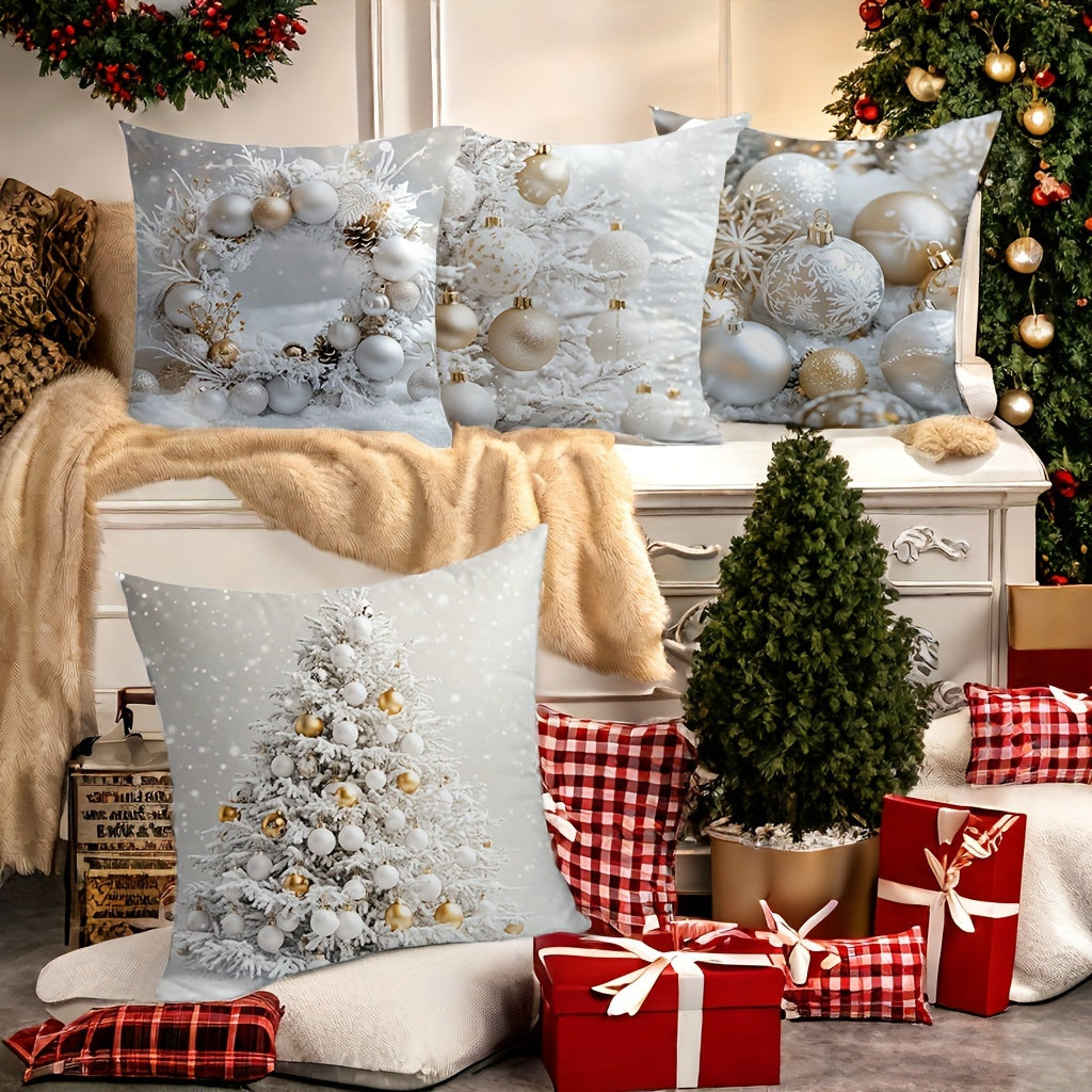 4-Pack Christmas throw cushion covers featuring festive wreath and tree prints on soft polyester fabric with zipper closure. Decorative woven pillowcases for living room, washer safe, size 44.96 cm.