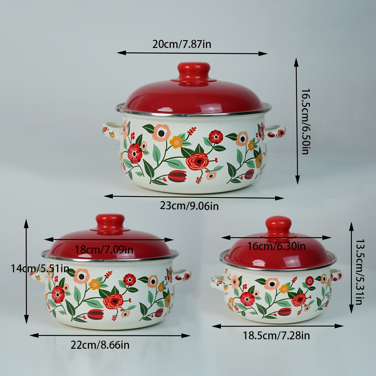 Vintage Enamelware Cookware Set of 3 Pieces, Includes Soup Pot, Stew Pot, and Saucepan with Lids. Suitable for Induction Cooktops. Features High Aesthetic Floral Design, Ideal for Home, Holiday Gatherings, Birthday Parties, and Outdoor Camping.