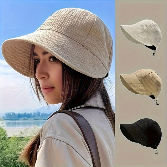 Wide brim sun hat for women with UPF UV protection, adjustable drawstring, and foldable braid design. Ideal for hiking and fishing with solid color polyester material. Perfect for outdoor