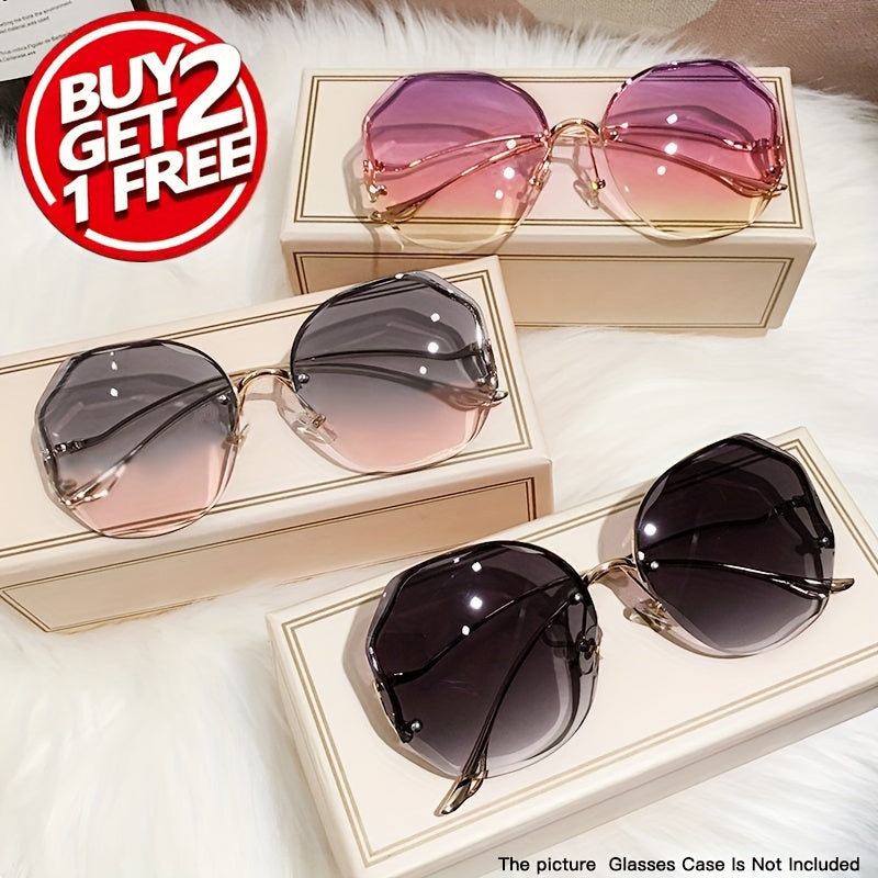 Luxury frameless round glasses for women with stylish gradient lenses and metallic finish.