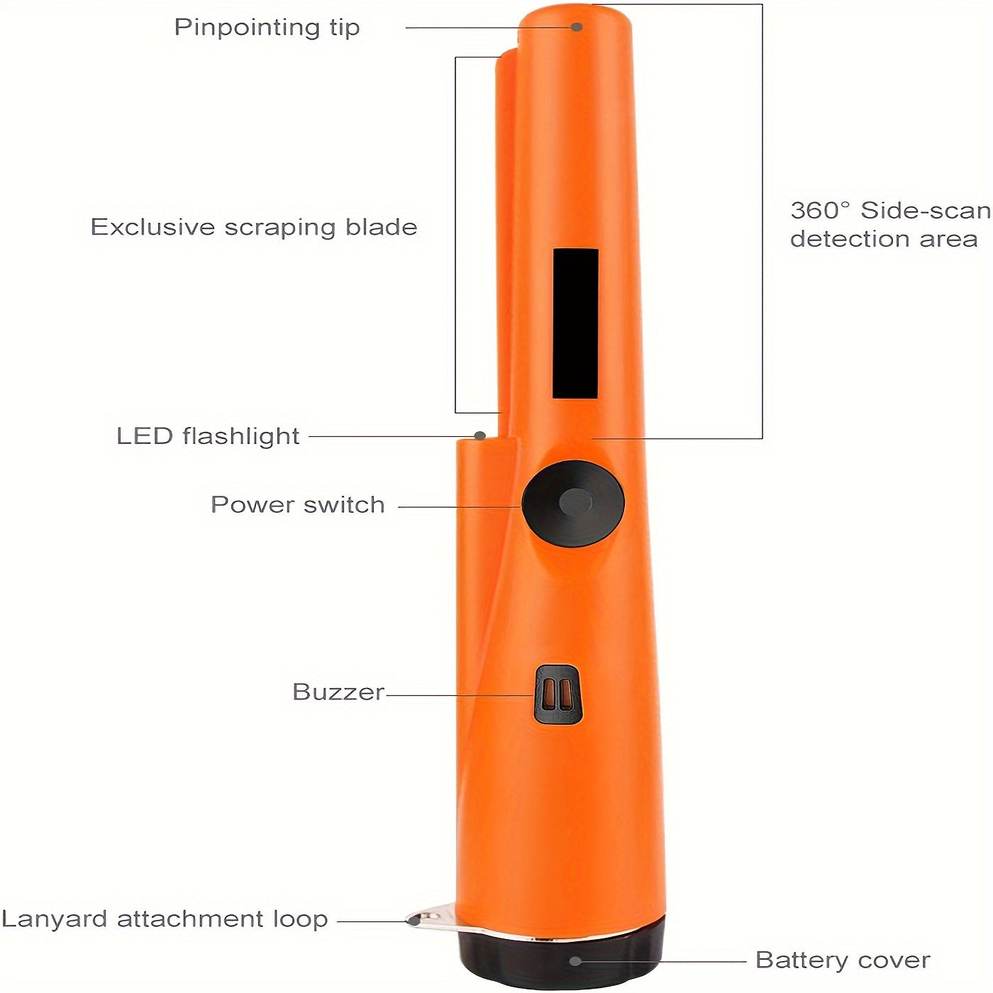 360 daraja qidirish, LED ko'rsatkich, belga osma, buzzer, batareyada ishlaydigan (batareyalar kiritilmagan) moslashuvchan sezgirlik pinpointer metall detektori.