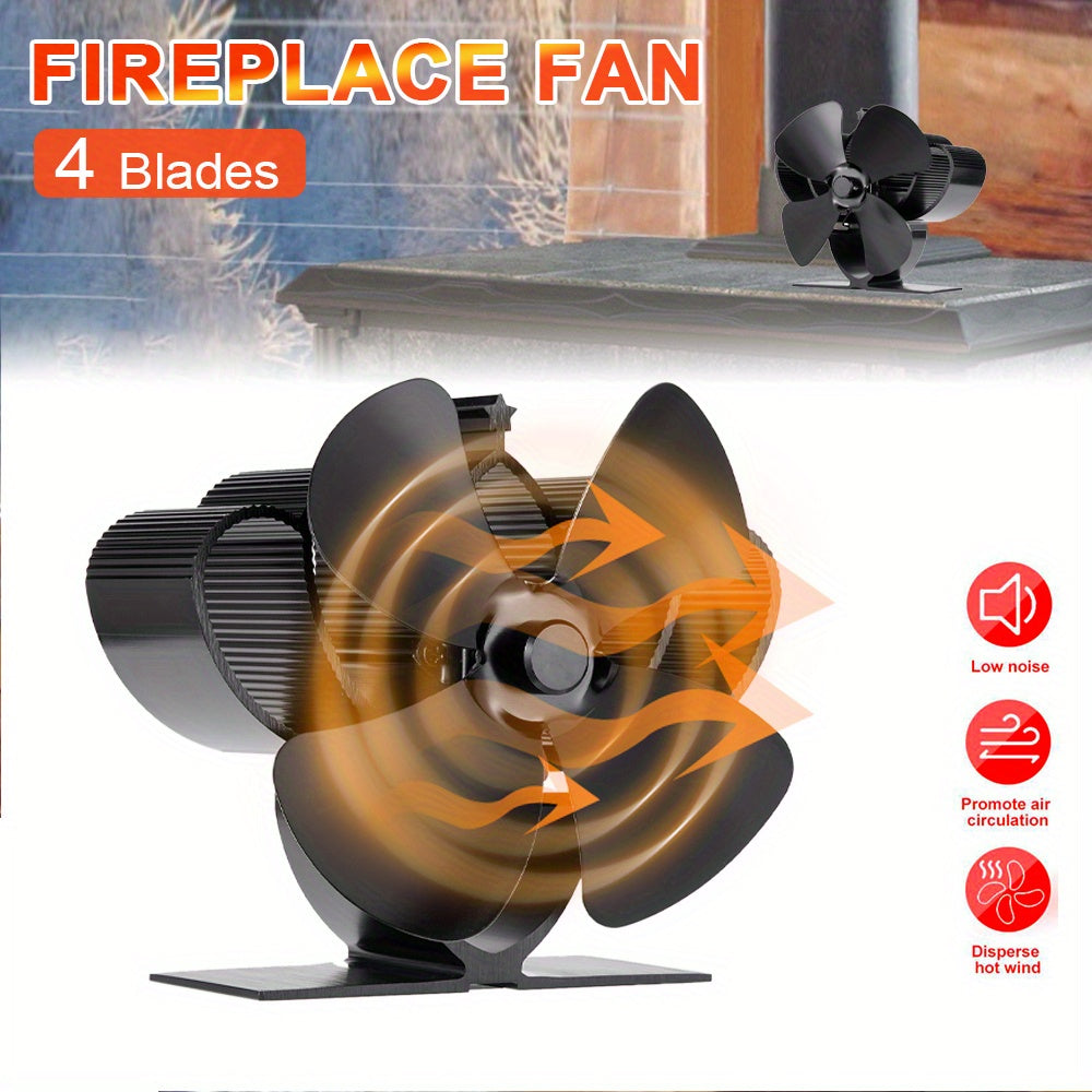 The EcoPulse Heat-Powered Mini Stove Fan is a 4-blade log wood burner exhaust fan made of metal. It is portable and designed for efficient heat distribution without the need for electricity. This fan operates quietly and helps circulate air effectively.