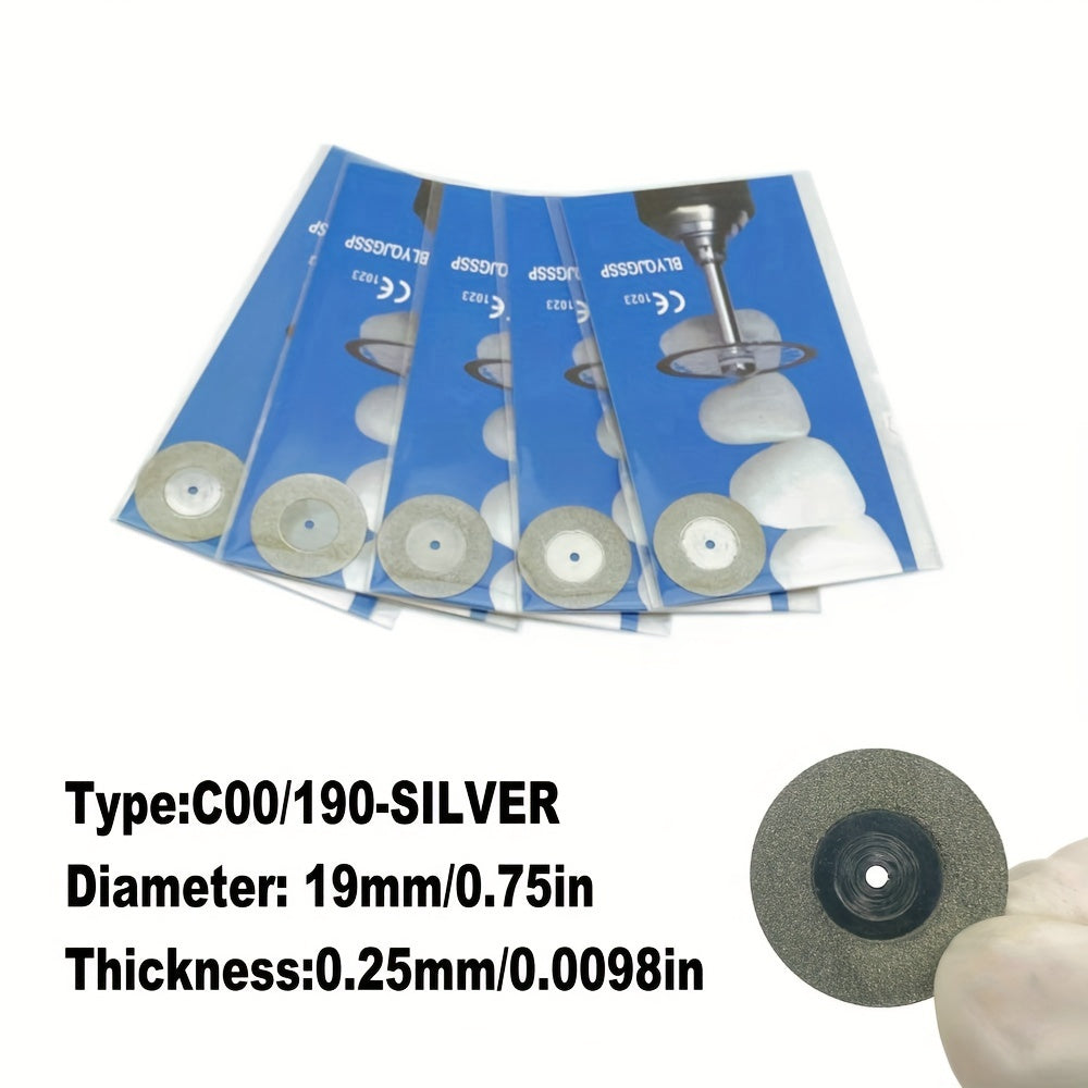 Five dual-sided diamond cutting discs for dental labs, in silver or golden, for high precision grinding and polishing.