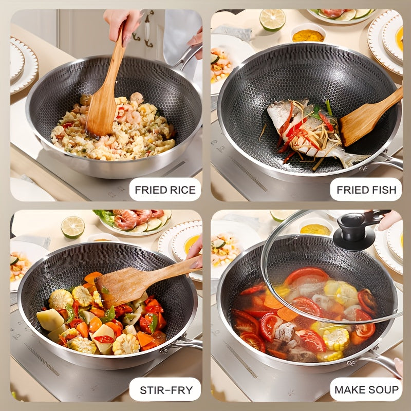 Stainless Steel Wok with Honeycomb Non-Stick Design - Versatile for Gas & Induction Stoves, Ideal for Cooking and Baking Necessities