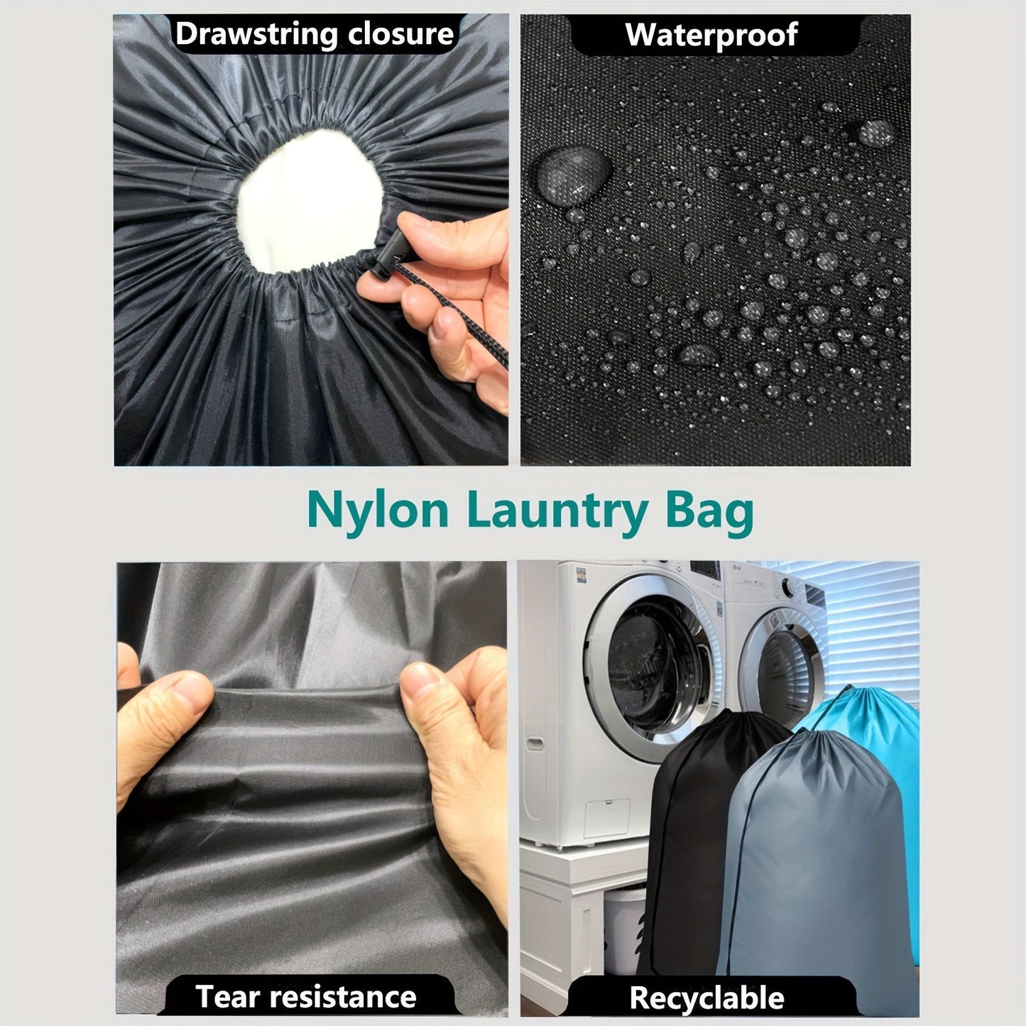 One or two pieces of Nylon Laundry Bags featuring a drawstring closure. These machine washable bags are perfect for storing dirty clothes during travel or for delicate items. They are heavy-duty and easy to fit into baskets or hampers. Each bag measures