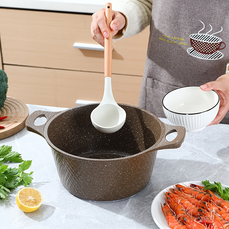 Multi-functional kitchenware set including a soup pot, non-stick frying pan, stew pot, and stir-fry pan in a stylish coffee color, suitable for use on open fire or gas stoves.