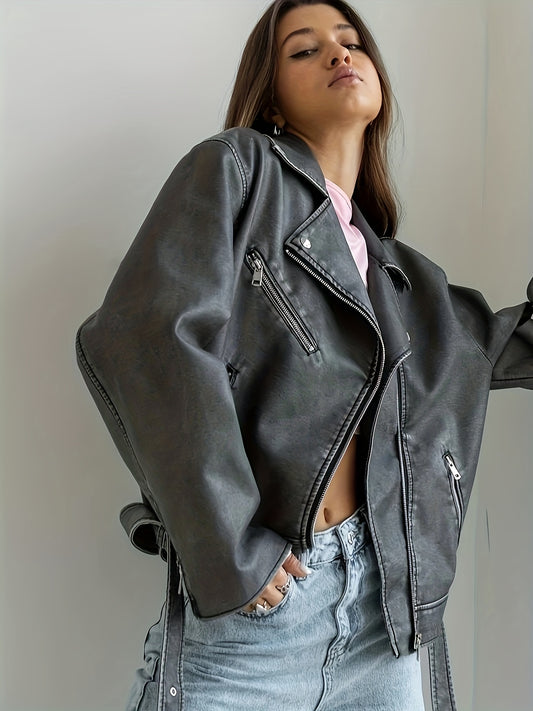 Women's Vintage Biker Jacket with Belted Lapel and Slant Zipper Pockets.