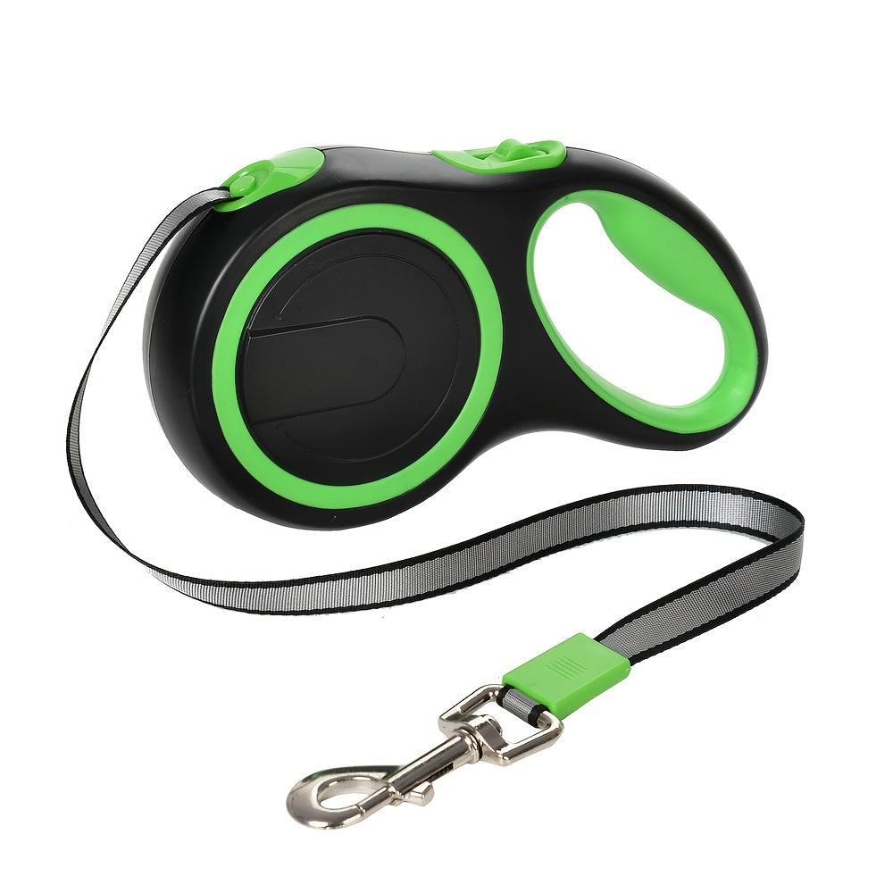 Retractable dog leash with 4.88m durable cord for medium to large breeds, ideal for outdoor travel.