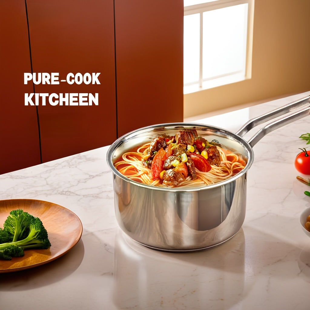 Upgrade your kitchen with the Pure-Cook 3-piece Stainless Steel Cookware Set, featuring glass lids and a mirror finish. This set is food safe and includes a sauce pan and stock pot suitable for induction, electric, and gas stoves. Dishwasher safe for