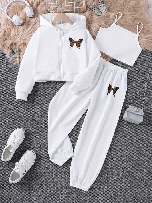 Girls' 3-piece set: Zipper hoodie sweater with butterfly print, casual sweatpants, and suspenders.