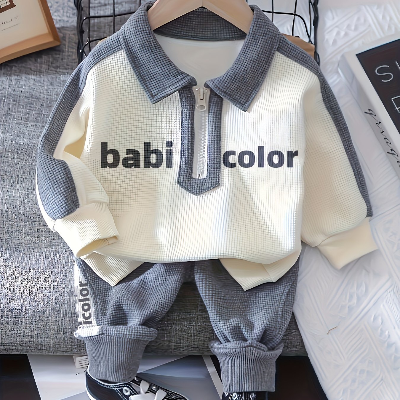 Infant & Toddler's SEVEN BABY Print Long Sleeve Set, 2pcs, includes Half Zipper Sweatshirt, Casual Pants, Baby Boy's Clothes.