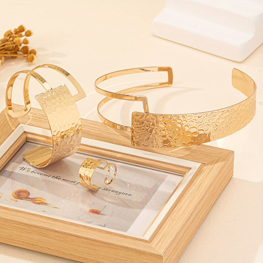 Chic Boho 3-Piece Jewelry Set for Women, Featuring 18K Gold Plated Textured Geometric Choker, Cuff Bracelet, and Ring. Perfect for Daily Wear or Special Occasions, Elevate Your Style with These Versatile Fashion Accessories.