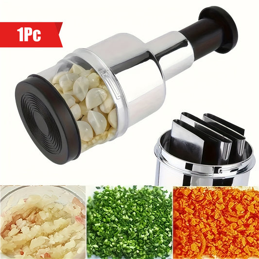 Handheld garlic press and food chopper with metal structure, no electricity needed.