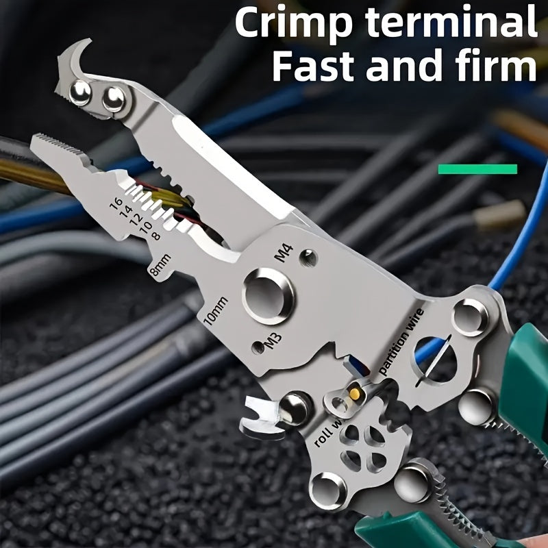 Electrician's multitool kit with 18 functions: foldable wire stripper, cutter, screwdriver, wrench. Made of Chrome Vanadium Steel for DIY, home, and construction projects.