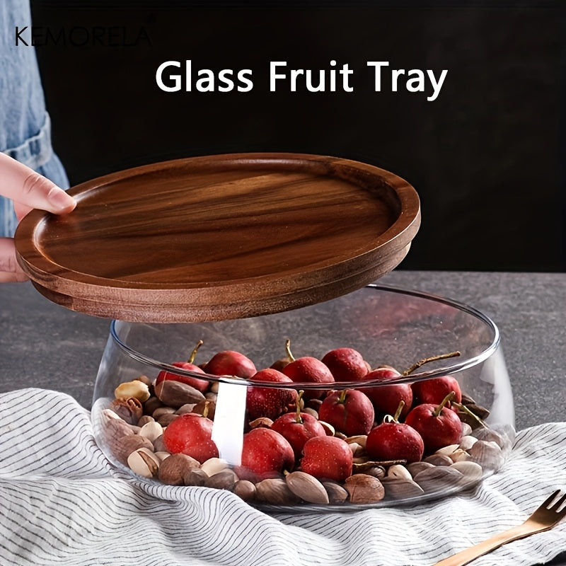 Wooden tray with glass bowl for storing nuts, fruits, cereals, and candy. Double-layered candy jars with wooden lids for kitchen storage.