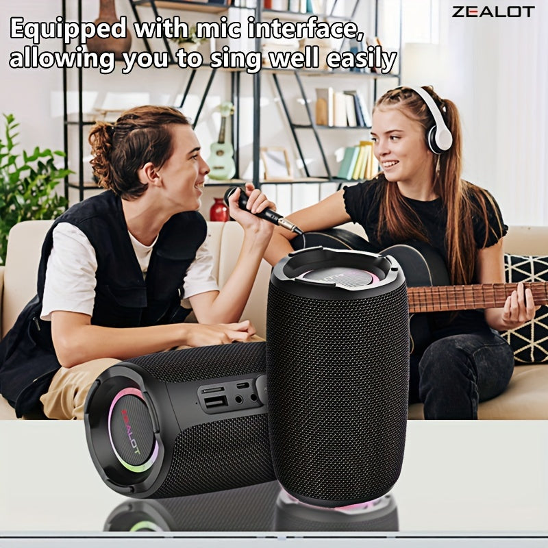 ZEALOT S61 20W Wireless Speakers support wired microphone and dual pairing. Features include 3600mAh battery for 20 hours of playtime, loud stereo, and booming bass. Compatible with mobile