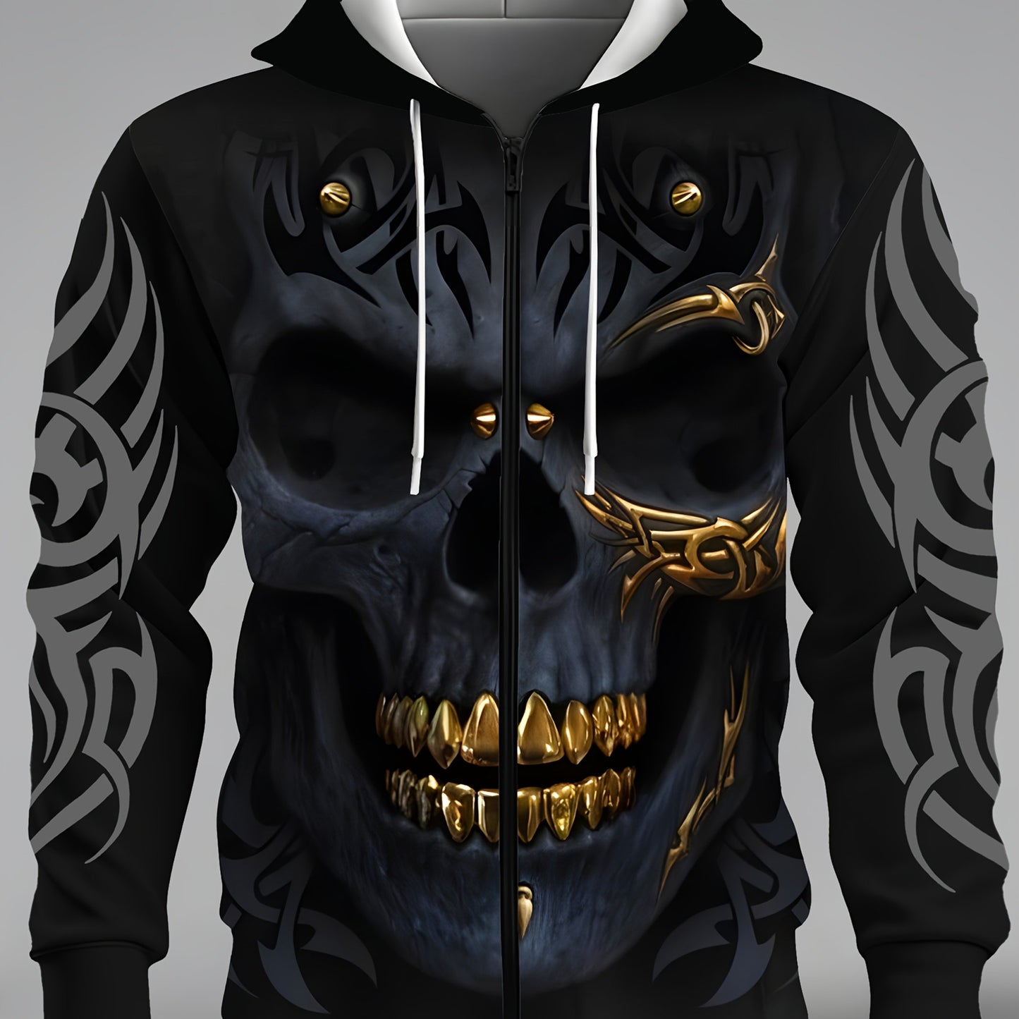 Men's casual hoodie with zipper pocket, featuring a 3D skull print and stretchy polyester knit fabric.