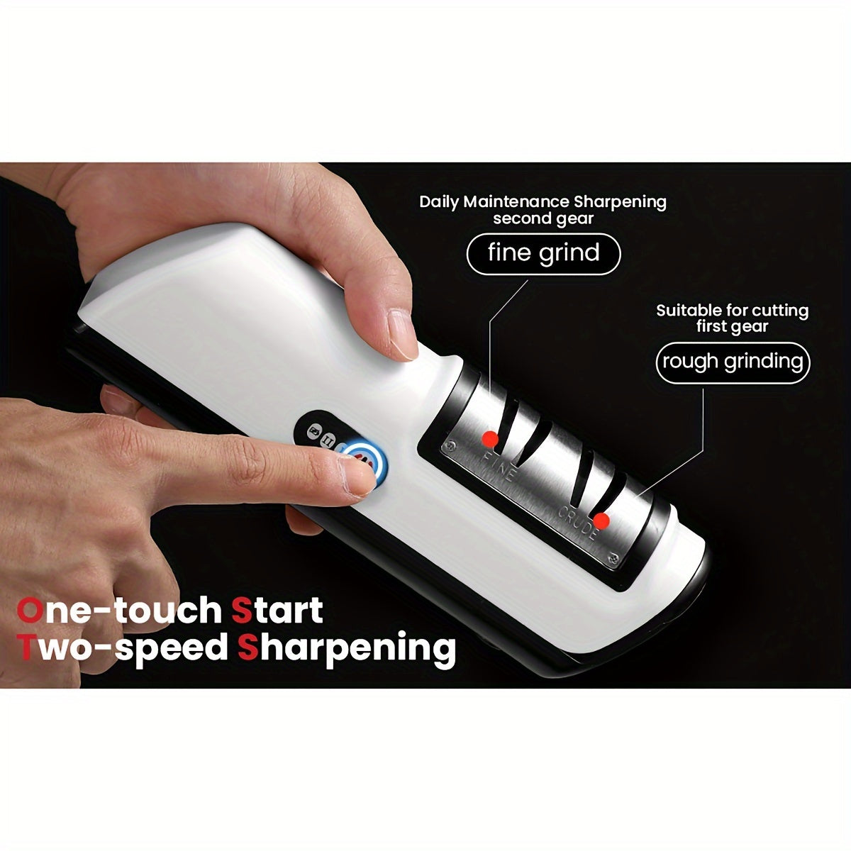 The Multifunctional Kitchen Gadget is a USB Rechargeable Electric Knife Sharpener that features 2 speeds and a built-in lithium battery. This gadget includes an automatic sharpening stone for quick blade edge restoration. Made of durable plastic