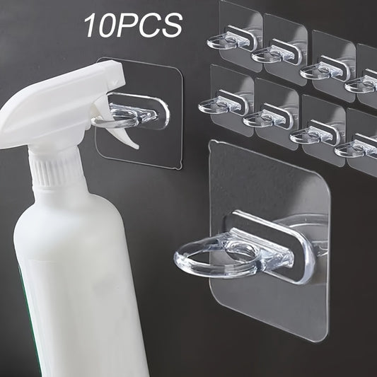 10 easy-install clear spray bottle holders for organizing kitchen and bathroom.