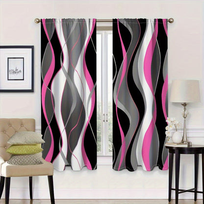 A modern abstract geometric curtain set, featuring 2 pieces in black and white. These semi-transparent privacy drapes are perfect for the living room and bedroom, and are machine washable for easy cleaning.