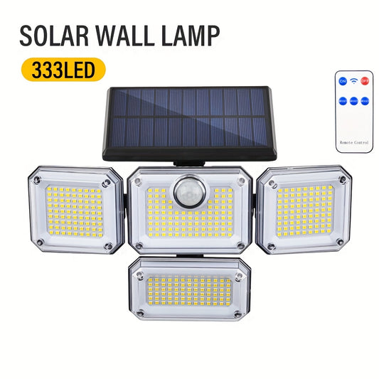 Solar-powered outdoor light with 333 LEDs, motion sensor, remote control for 3 modes, and 4-head design for patio, garage, porch, yard.