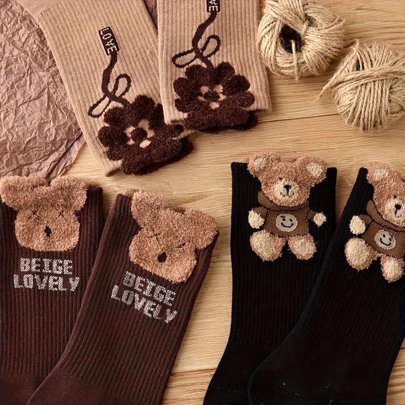 3 pairs of cartoon bear print mid tube socks for women, comfy and cute.