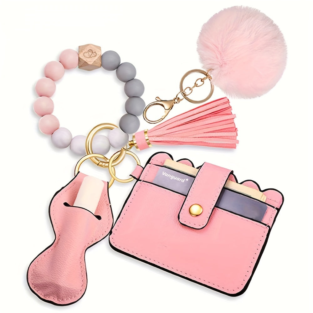 Keychain accessories for women, including a premium leather keyring, card holder wallet, elastic silicone beaded tassel keychain, and lipstick holder (6 pieces) - perfect as a gift for women.