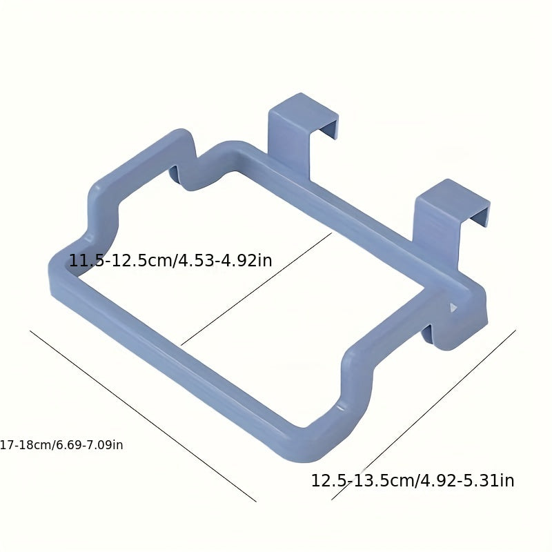 Reusable plastic bag holder rack for kitchen, pantry, garage, and bathroom that fits over a cabinet.