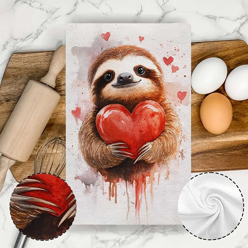 Valentine's Day Kitchen Towels - Set of 2, Ultra Soft, Loveable Sloth Print, Humorous and Cute, Highly Absorbent Dish Hand Towels for Holiday Decor, Machine Washable, 16x24 Inch