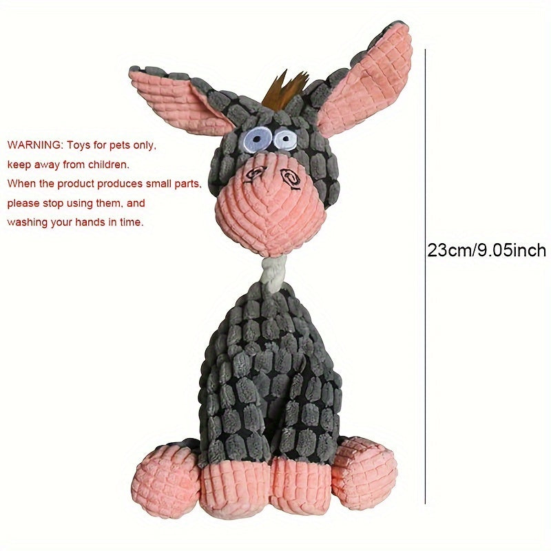 ""
Corduroy donkey-shaped chew toy with squeaker for dogs
""