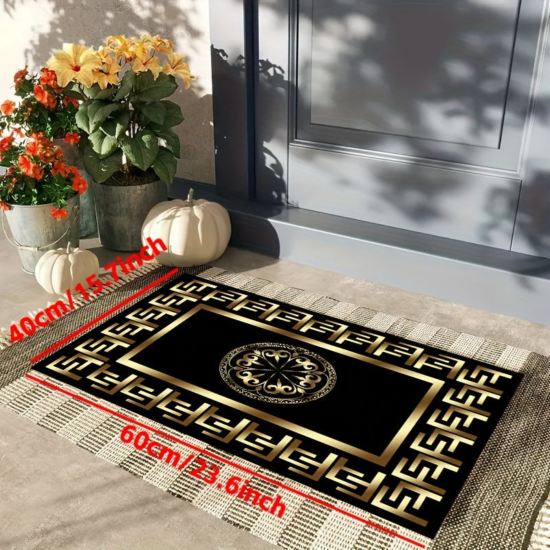 Elegant F-Pattern Runner Rug in Luxurious Golden and Black - Non-Slip, Machine Washable Polyester Carpet for Entryway, Living Room, Bedroom, Outdoor Patio, Garden, and Yard Decor