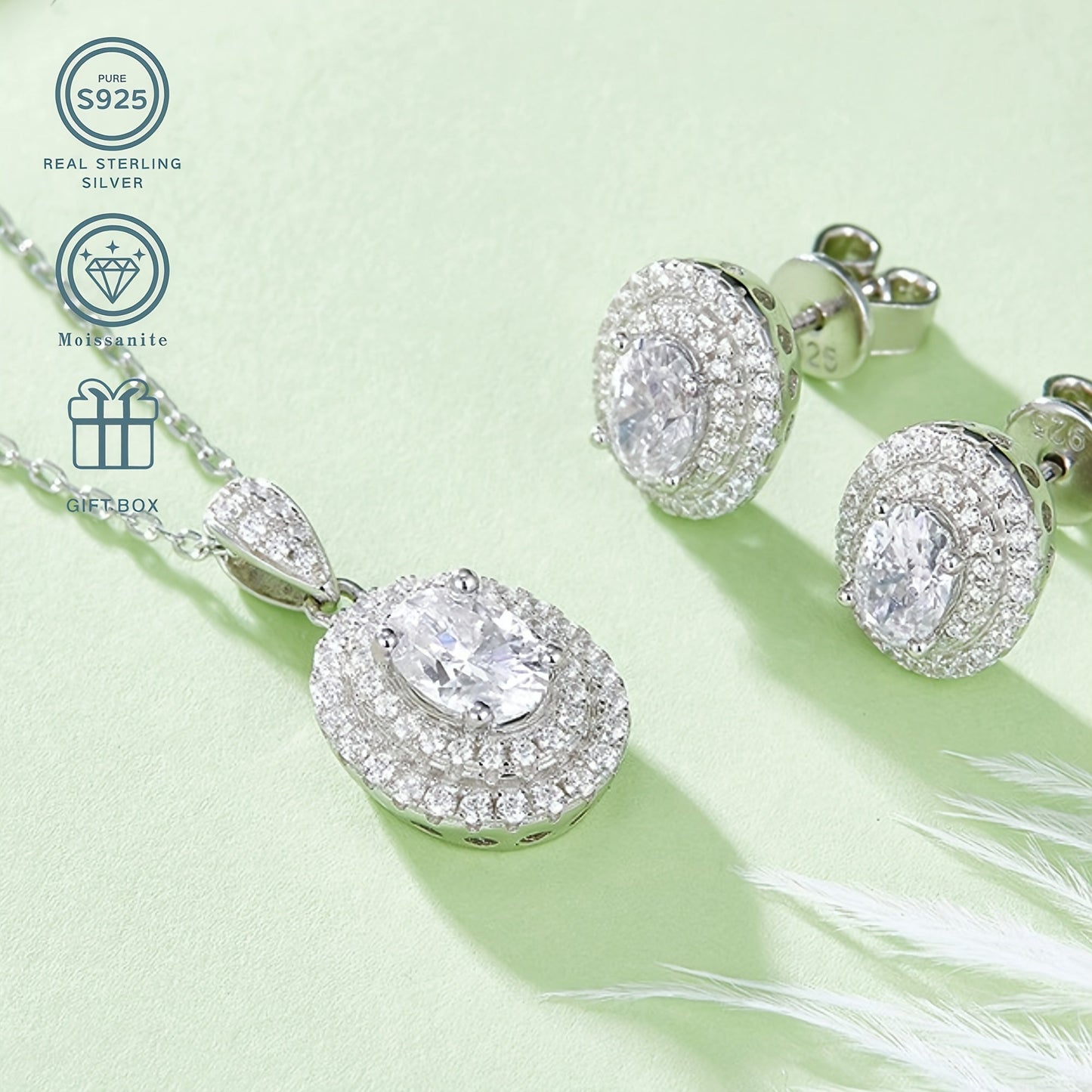 Elegant 925 Sterling Silver Moissanite Jewelry Set, Featuring 1.0 Carat Egg-Shaped Pendant and 0.5 Carat Earrings. This Sexy and Simple Style is perfect for Daily Wear or as a Wedding Accessory. Plated with 925 Silver, it makes an Ideal Gift for Mother's