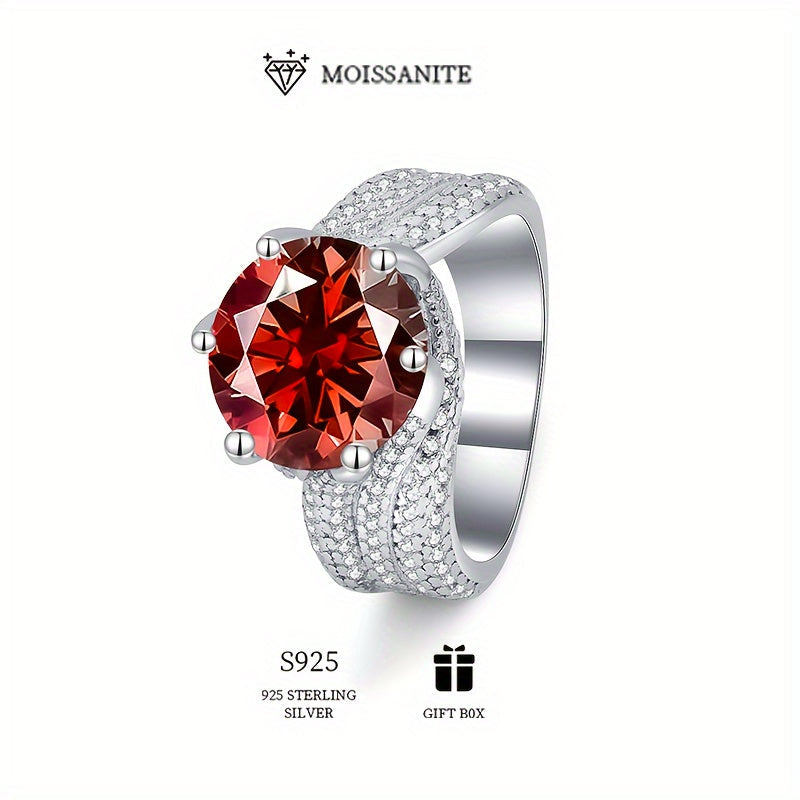 925 Sterling Silver Wide Ring with Inlaid Rare Red Moissanite, perfect for important occasions. This exquisite piece of light luxury jewelry is designed for females and comes with a certificate and box.