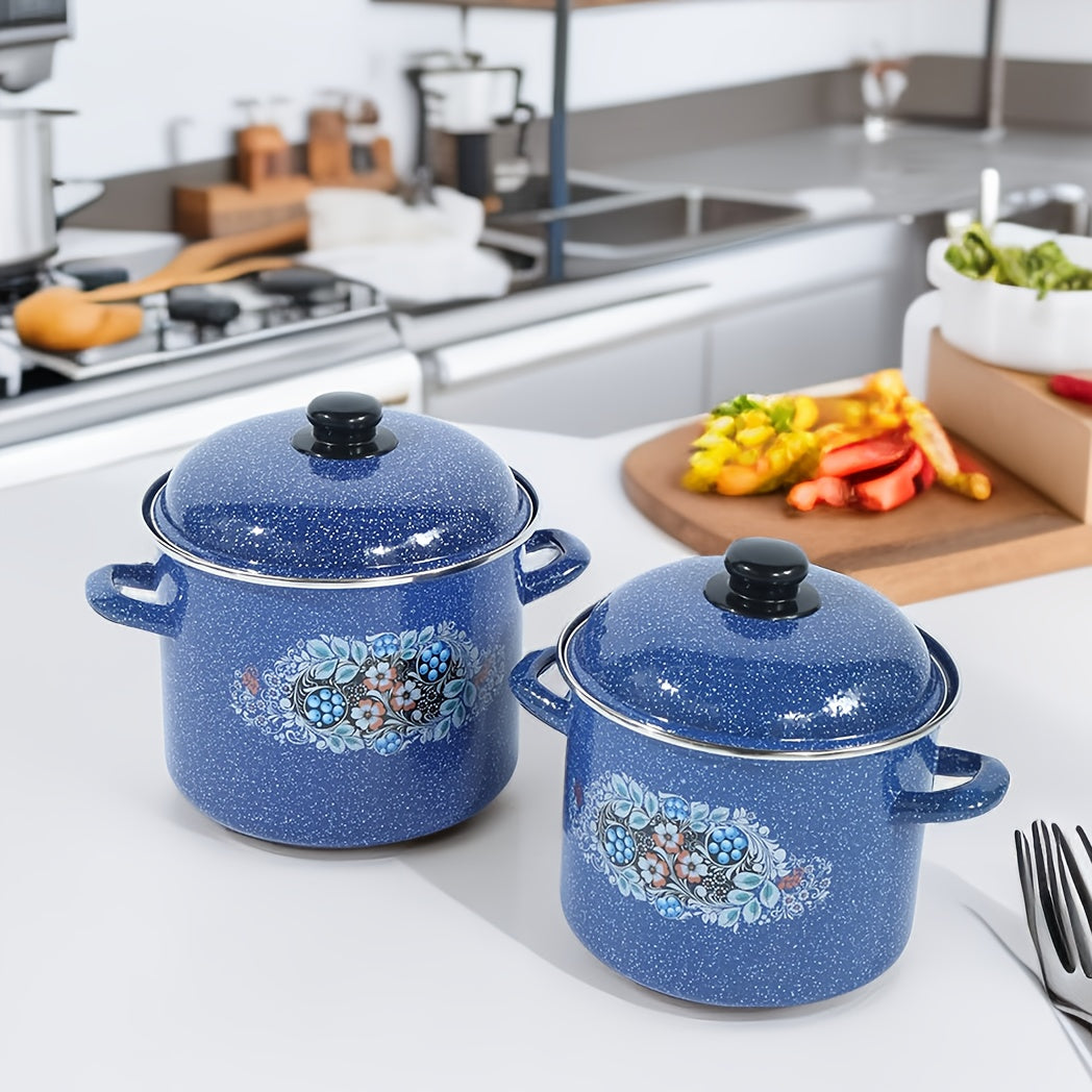 Large capacity Premium Enamel Soup Pot perfect for both home and restaurant kitchens. Compatible with gas and electric stoves, this versatile pot is ideal for all your cooking needs.