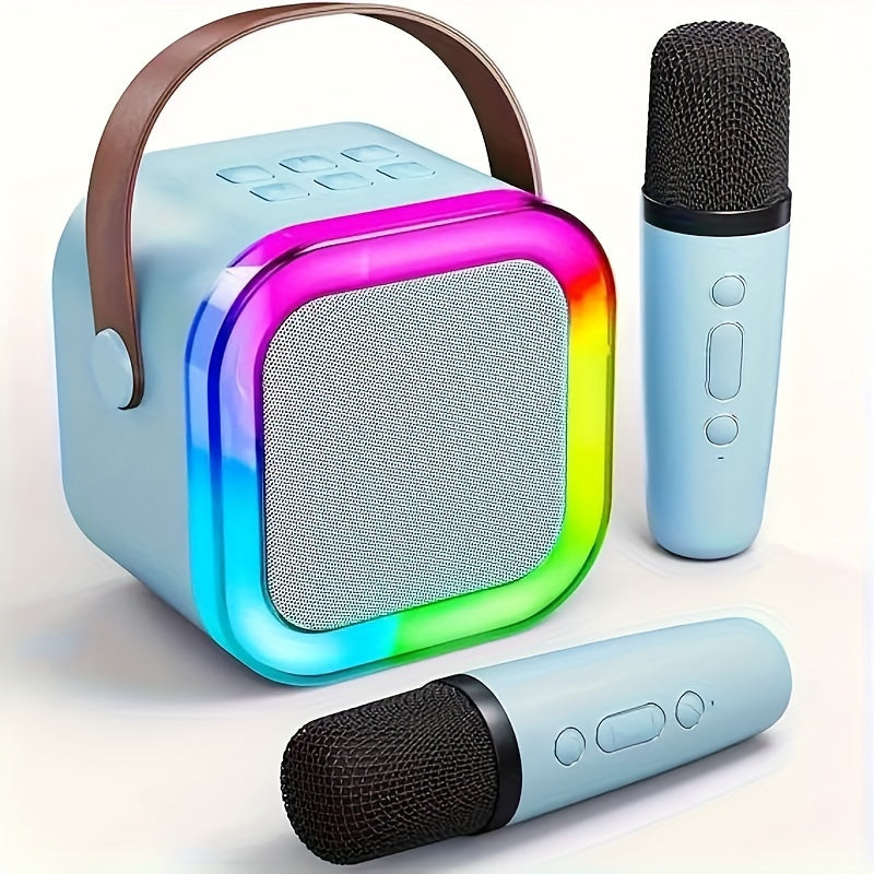 Portable wireless karaoke speaker and microphone set, rechargeable and colorful for adult birthday parties. Ideal for home karaoke systems, featuring modern microphone style and Type-C