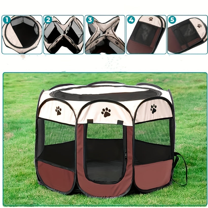 Foldable cat tent bed made of durable polyester with paw print design, zippered door for indoor/outdoor use.