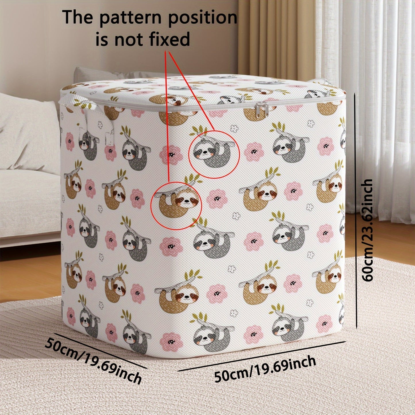 Large capacity storage bag made of non-woven material with handle, suitable for travel and can store various items like clothes, blankets, and toys.