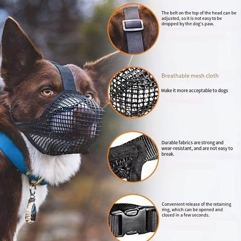 Breathable and adjustable black mesh dog muzzle for small to large breeds. XS-XL sizes prevent biting and chewing.