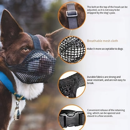 Breathable and adjustable black mesh dog muzzle for small to large breeds. XS-XL sizes prevent biting and chewing.