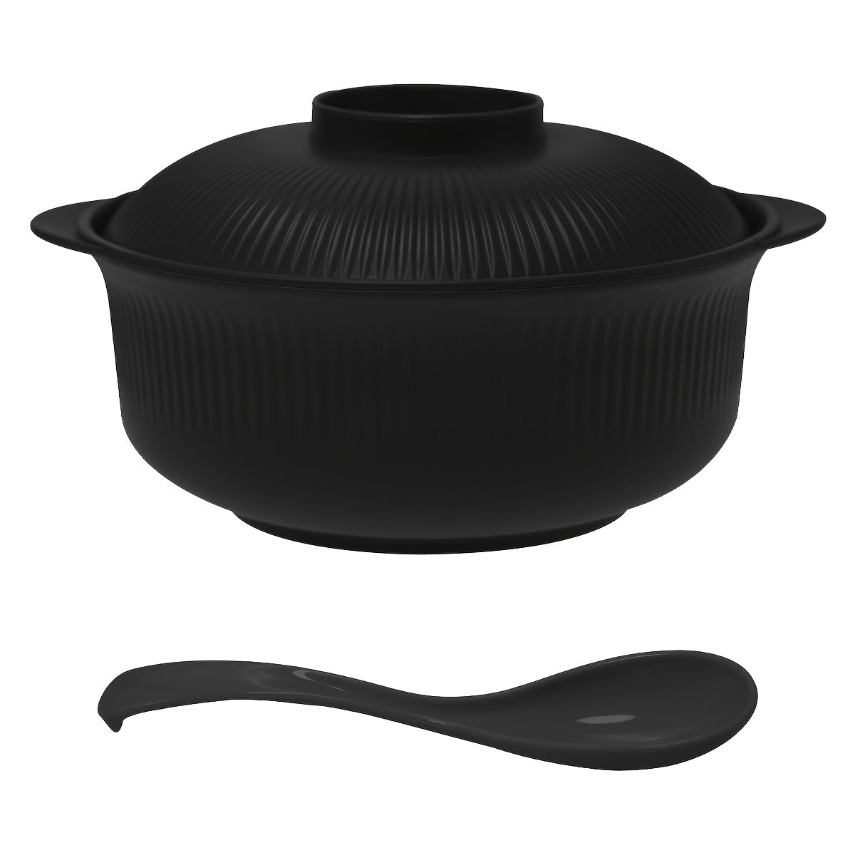 Large capacity casserole-style bowl set with lid, includes long soup spoon. Portable 1100ml/38oz bowl, ideal for Japanese and Korean-style ramen, rice, or lunch. Suitable for family restaurants and student use.