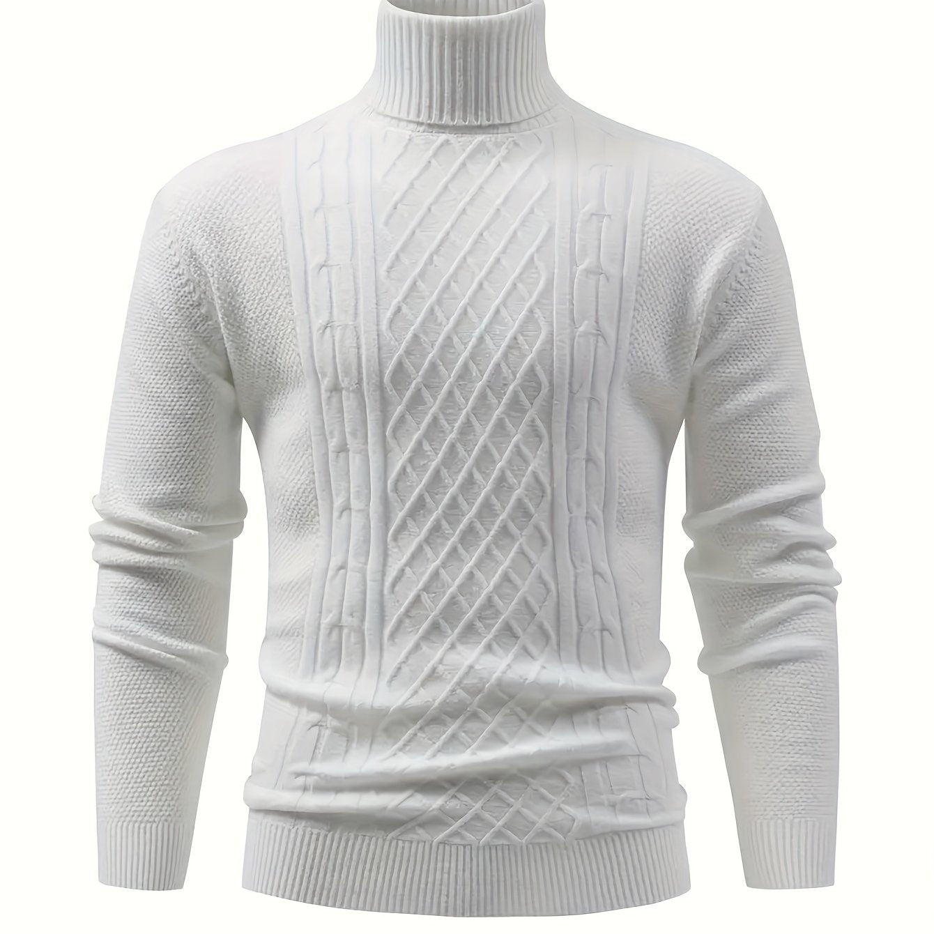 Men's cable knit turtleneck sweater for fall/winter, warm and stretchy pullover with solid color, long sleeves, blend fabric.