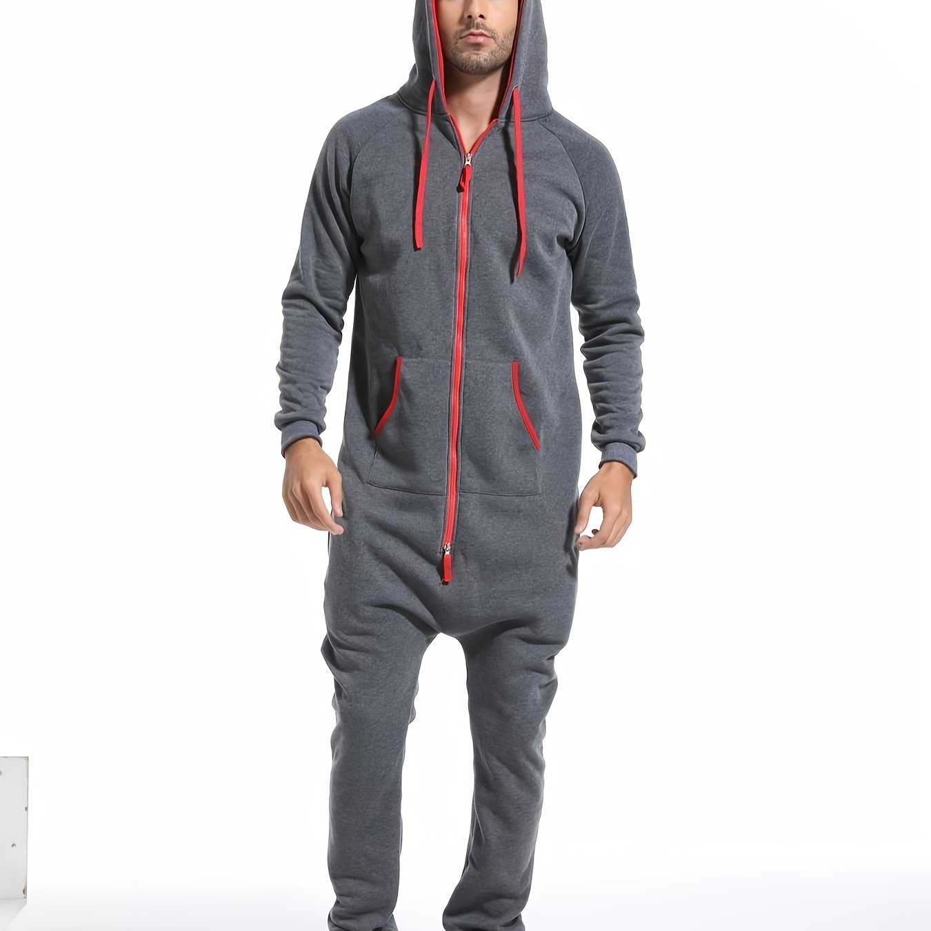 Men's Winter Pajama Jumpsuit - Solid color, long sleeved knit fabric, 100% polyester, hooded collar, with pockets and slight stretch. Comfortable lounge wear.