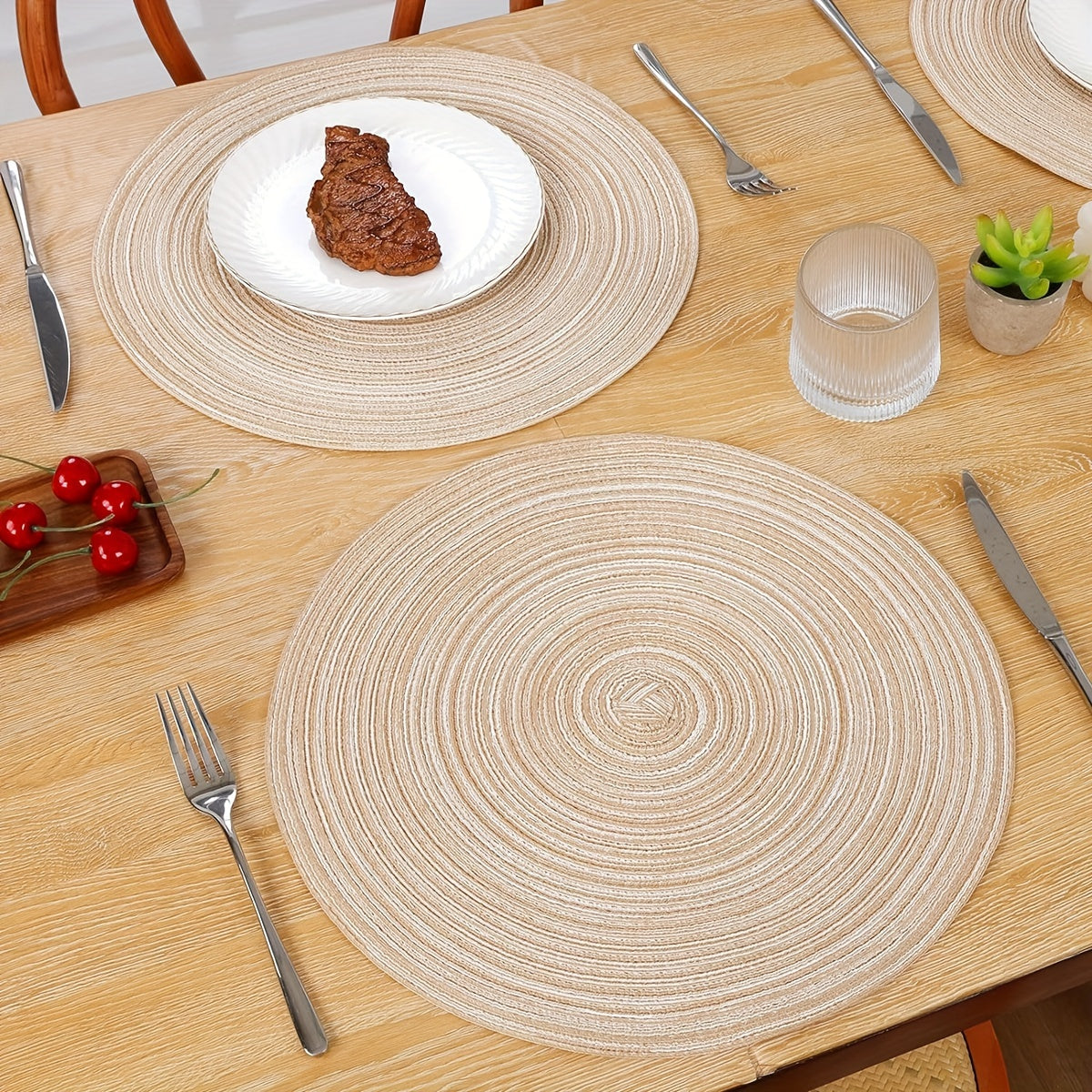 Set of 6 washable round braided placemats for kitchen table, measuring 38.1 cm in diameter.